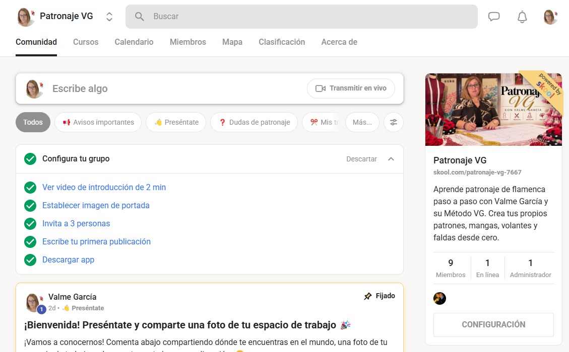 Captura real de la comunidad Patronaje VG dentro de Skool